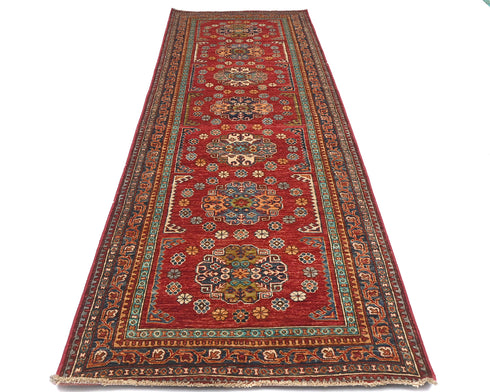 11 Feet Red Kazak Afghan Hand Knotted Wool Runner Rug